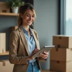 Femme souriante avec tablette dans un bureau moderne