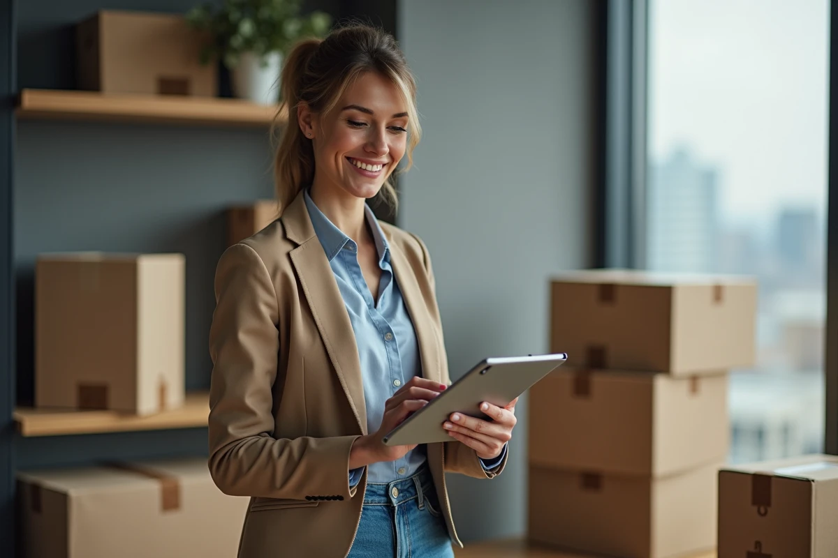 Femme souriante avec tablette dans un bureau moderne