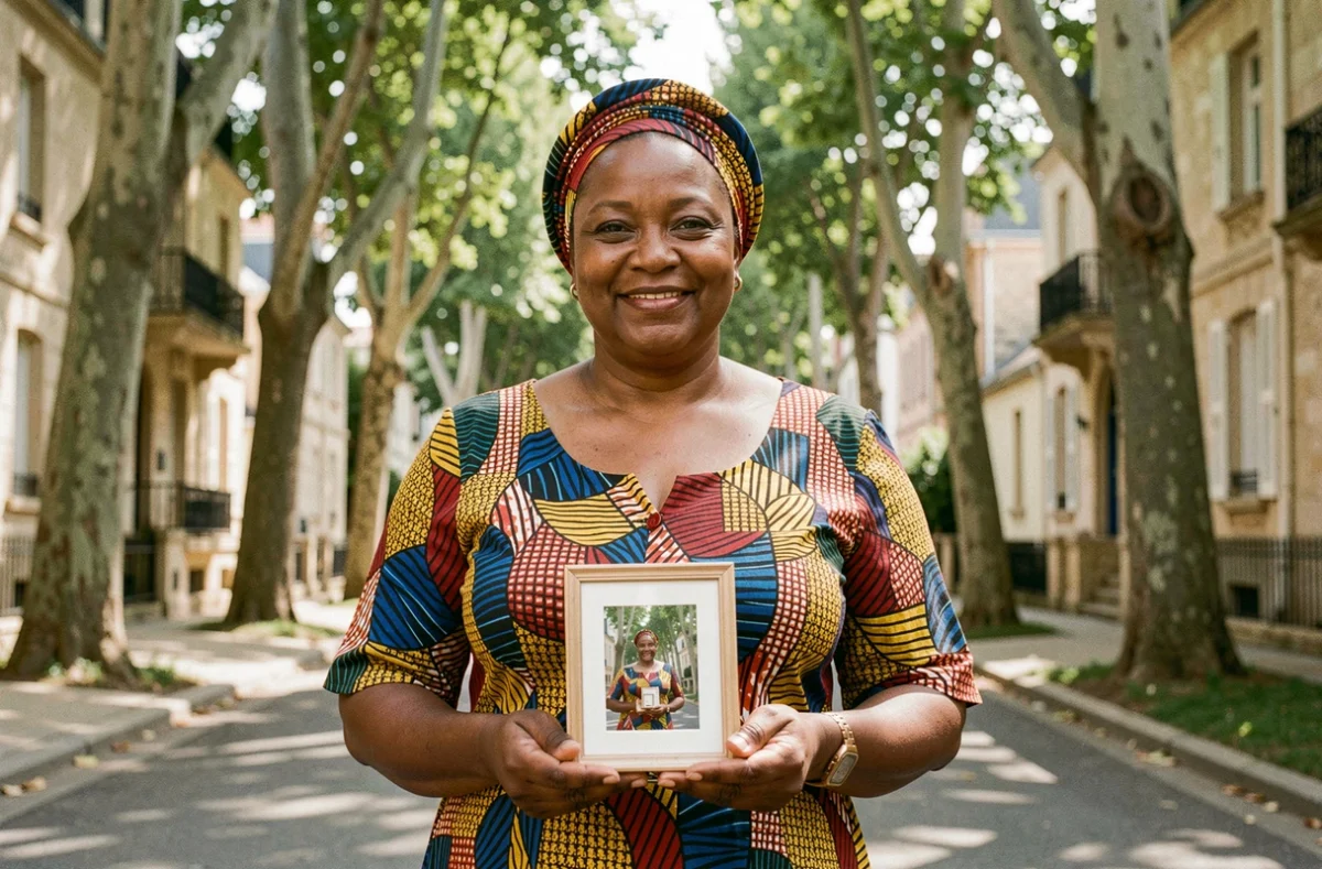 Femme d'origine africaine tenant une photo de famille dans une rue de banlieue française