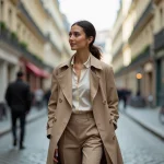 Femme parisienne élégante en trench beige dans la rue