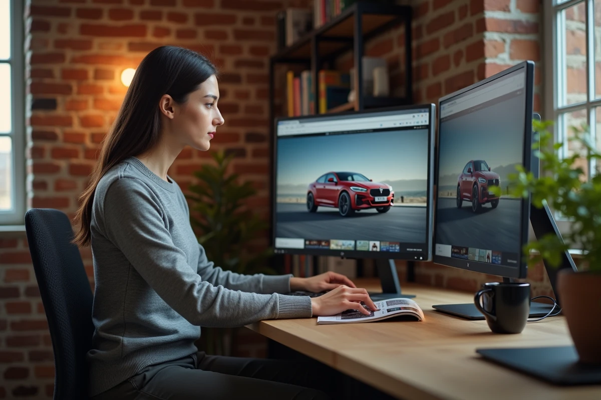 Femme passionnée de voitures consultant des tendances automobiles en ligne depuis son bureau à domicile