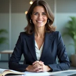 Femme confiante en bureau moderne avec ordinateur et plantes
