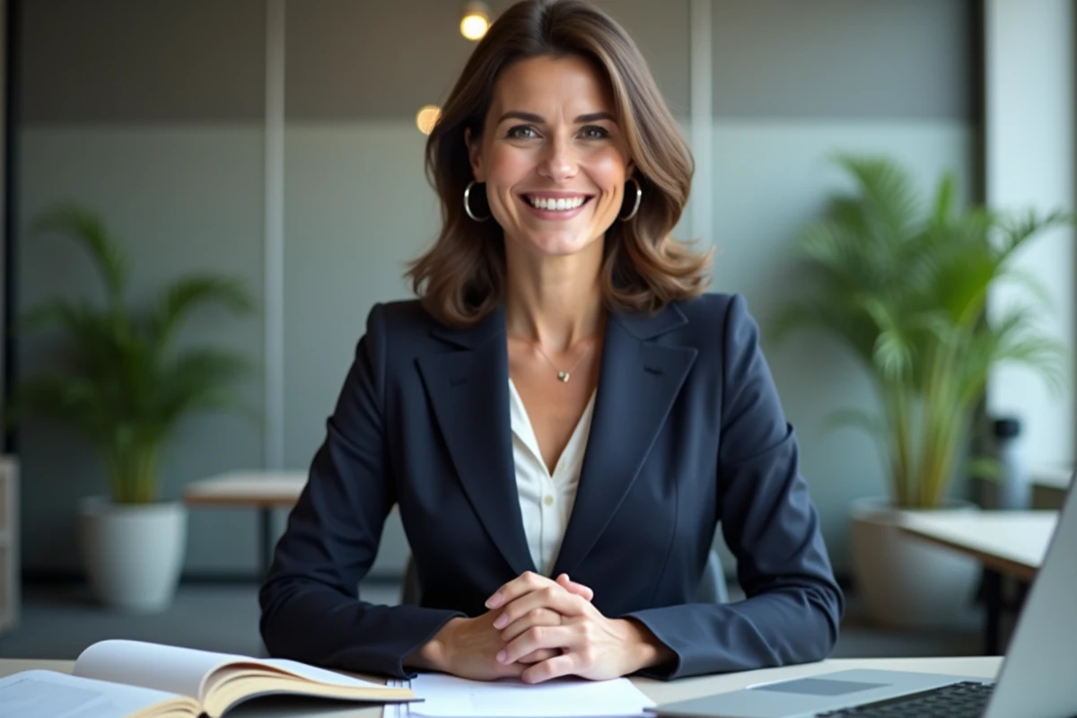 Femme confiante en bureau moderne avec ordinateur et plantes