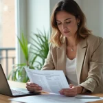 Femme consultant des annonces immobilières sur un ordinateur portable dans un appartement moderne