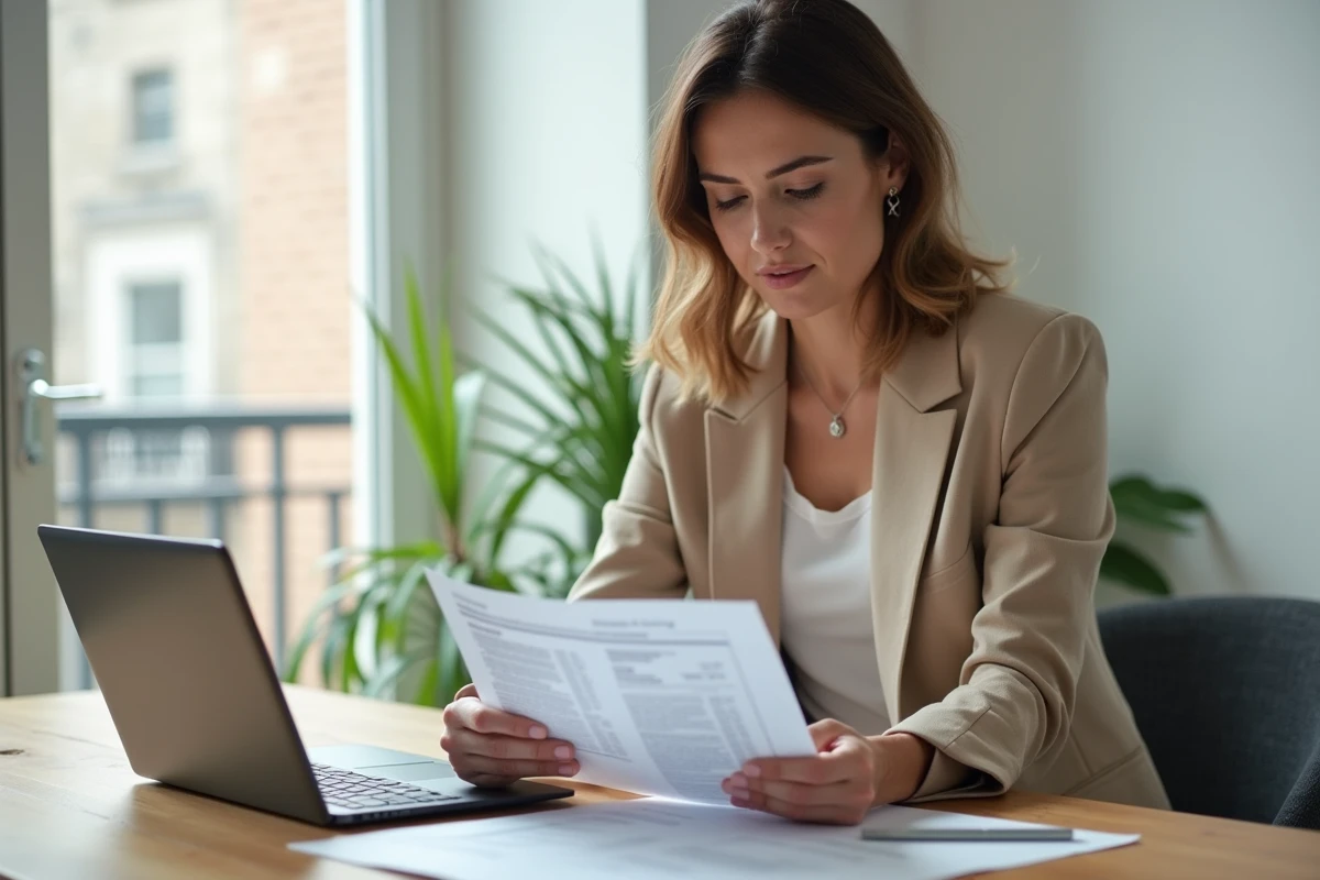 Femme consultant des annonces immobilières sur un ordinateur portable dans un appartement moderne