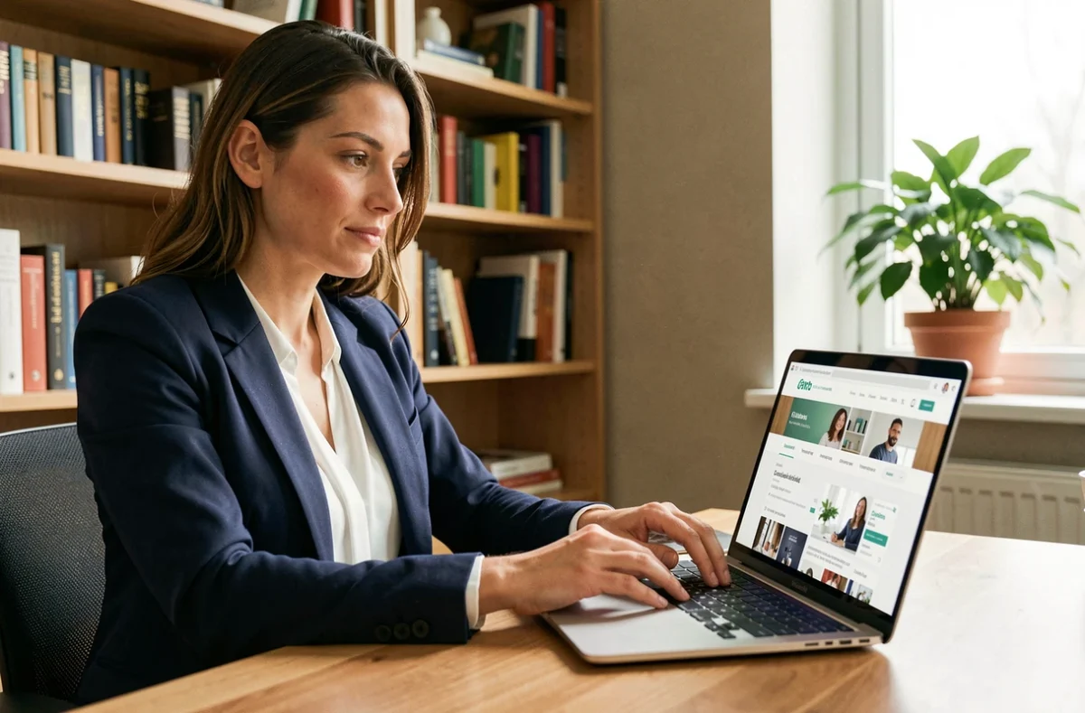 Femme cherchant un emploi en France sur un site d'annonces depuis son bureau à domicile