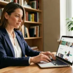 Femme cherchant un emploi en France sur un site d'annonces depuis son bureau à domicile
