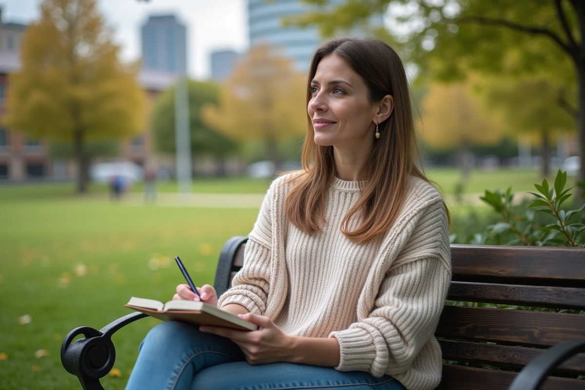 Femme détendue assise dans un parc avec journal et nature