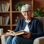 Une femme senior aux cheveux gris courts lisant un livre dans un fauteuil confortable, entourée de plantes et d'étagères en bois