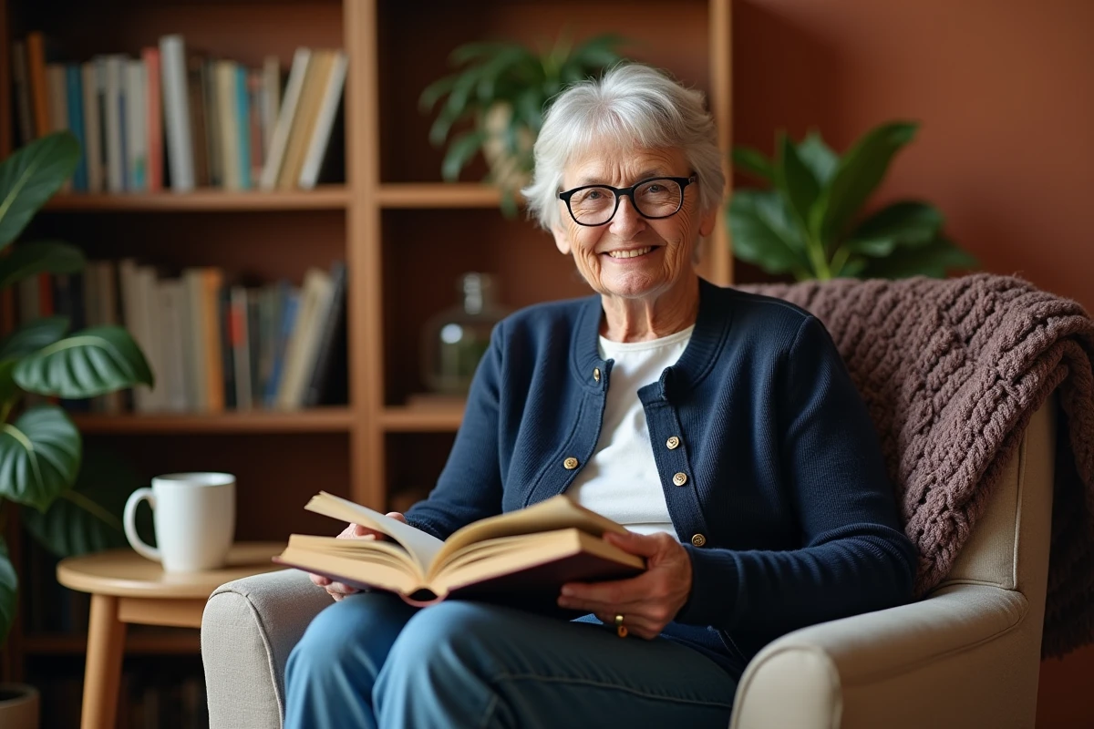 Une femme senior aux cheveux gris courts lisant un livre dans un fauteuil confortable, entourée de plantes et d'étagères en bois
