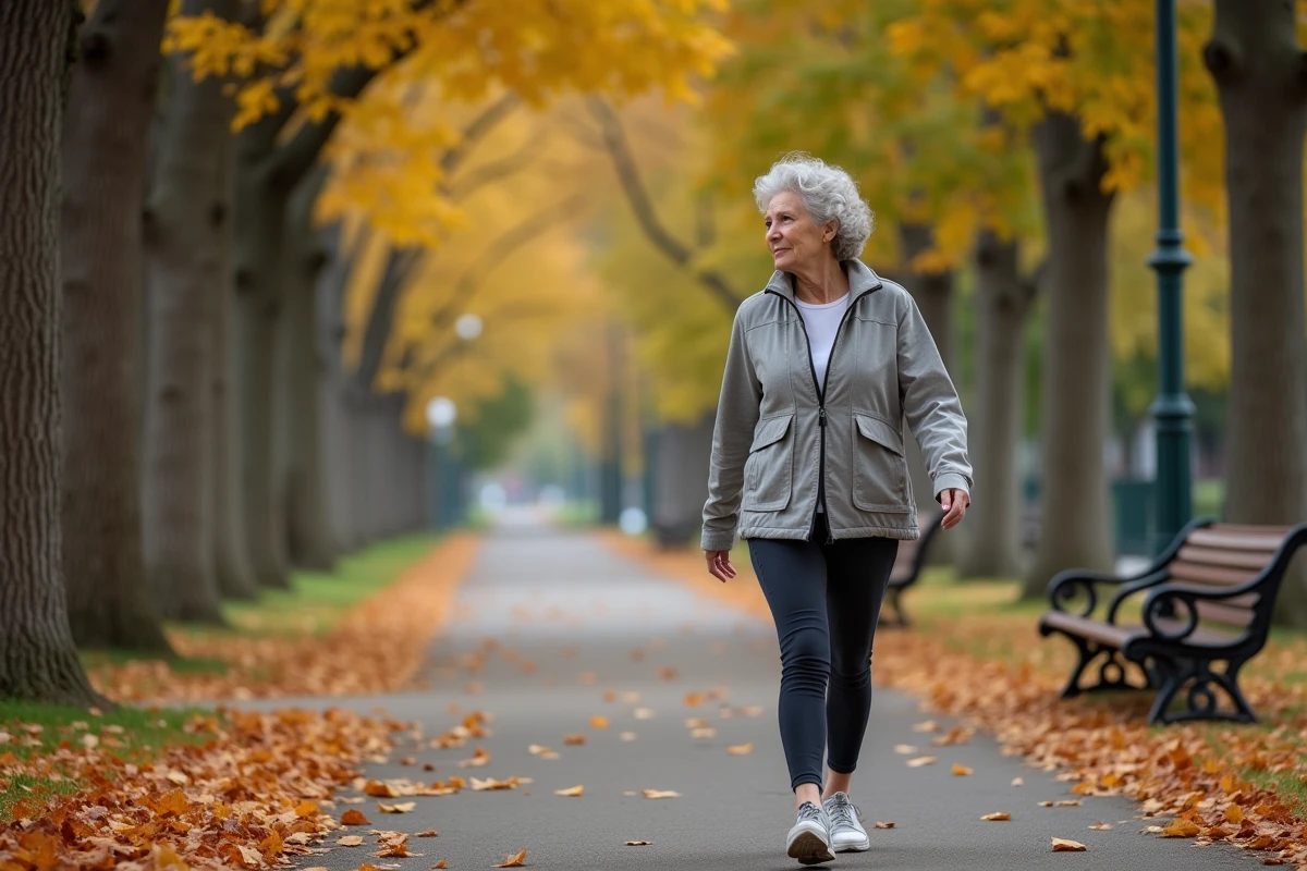 Une femme senior marchant seule sur une allée de parc en automne, entourée de feuilles dorées et d'arbres majestueux