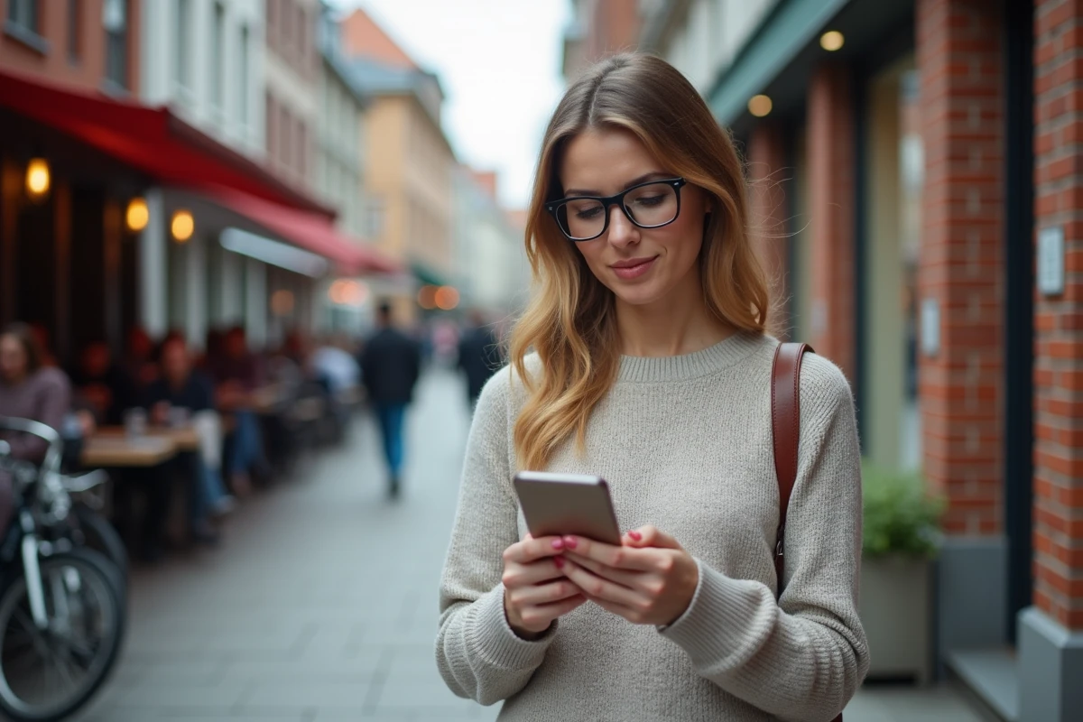 Femme regardant son smartphone dans un café urbain