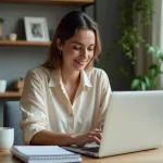 Femme souriante travaillant sur un ordinateur à la maison
