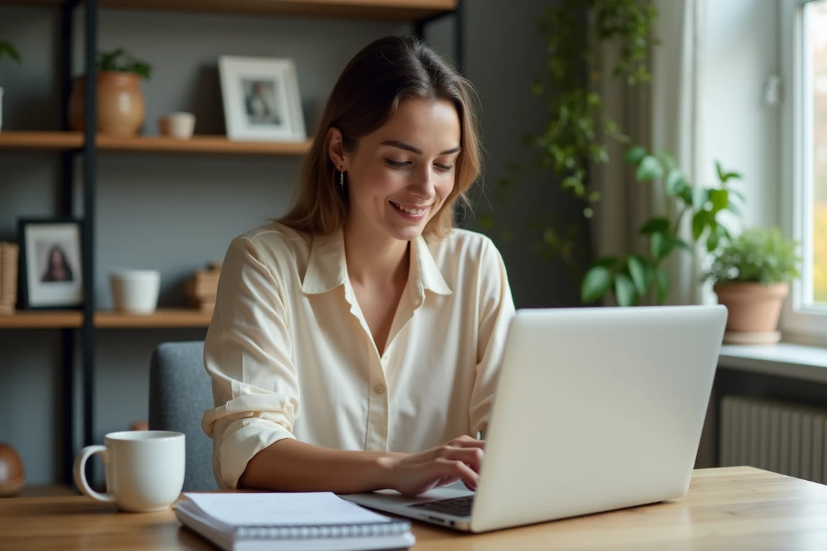 Femme souriante travaillant sur un ordinateur à la maison