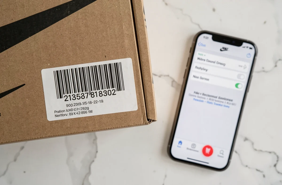 Gros plan sur l'étiquette de code UPC d'une boîte de chaussures Nike avec vérification sur smartphone