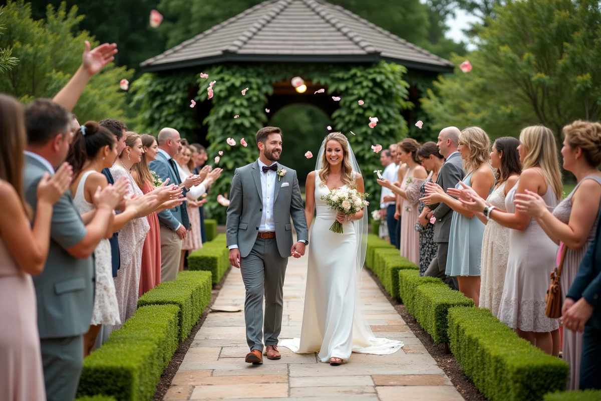Invites de mariage lançant des pétales dans un jardin