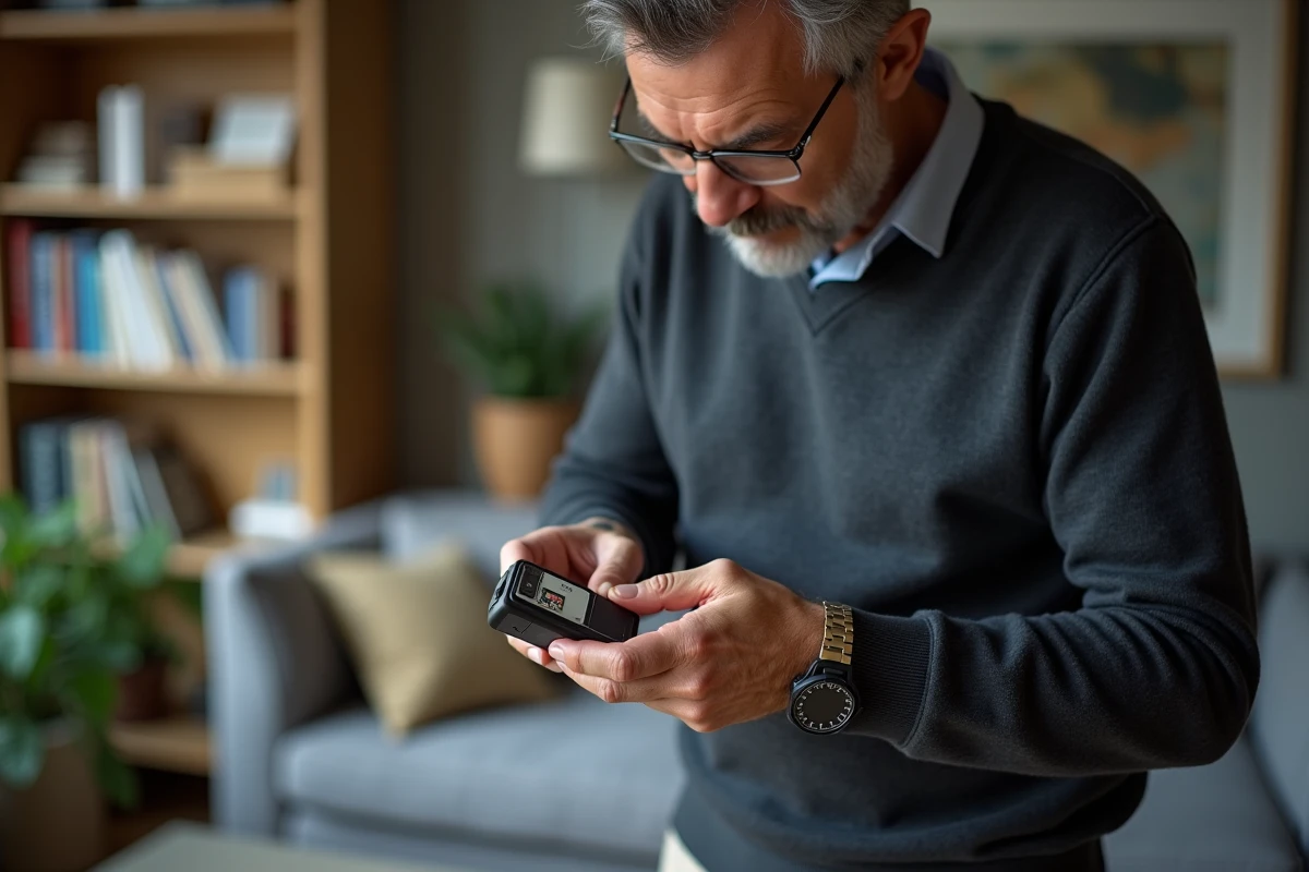 Homme dage approchant une carte SD d un telephone Doro