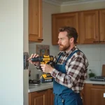 Homme moyenâgeux utilisant une perceuse dans une cuisine moderne