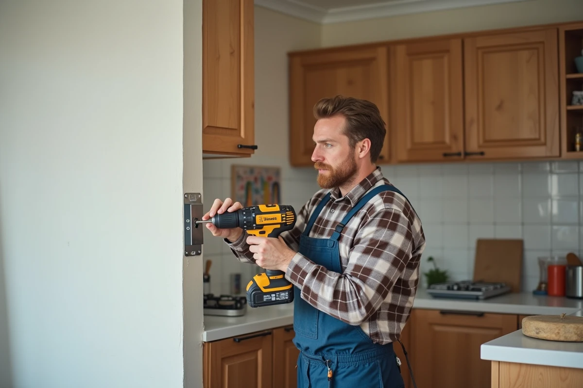 Homme moyenâgeux utilisant une perceuse dans une cuisine moderne