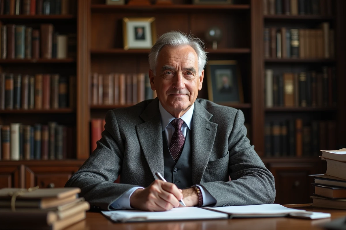 Homme britannique élégant en costume tweed assis dans un bureau anglais traditionnel entouré de livres