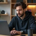 Homme en hoodie travaillant sur son ordinateur à la maison