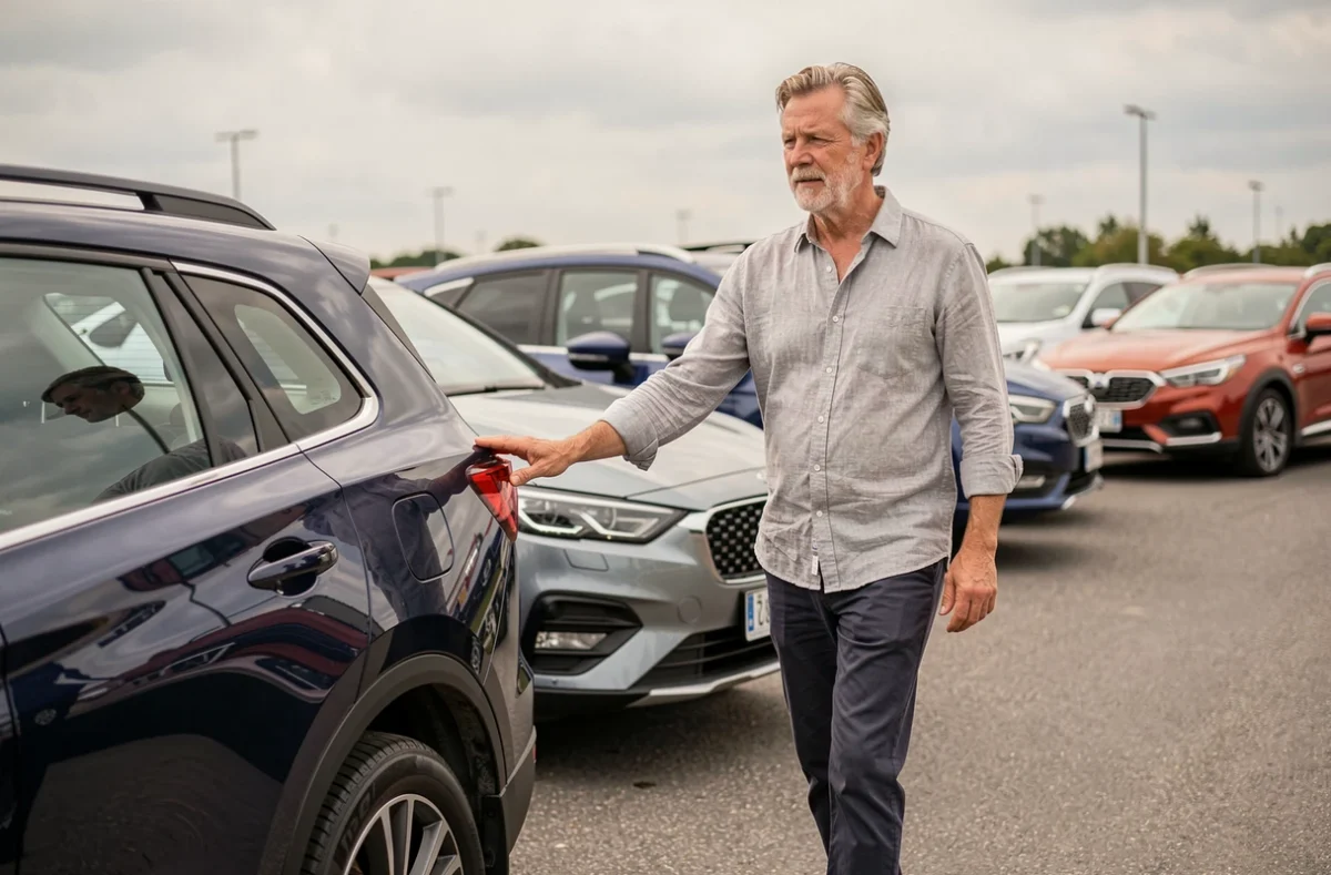 Homme examinant un SUV bleu dans un parc de véhicules disponibles chez un concessionnaire automobile