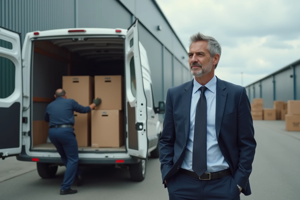 Homme en costume supervisant chargement de crates