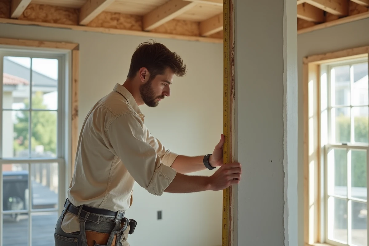 Jeune homme mesure une plaque de platre dans une pièce en rénovation