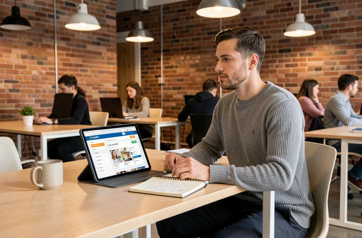 Homme consultant des offres d'emploi sur une tablette dans un espace de coworking en France