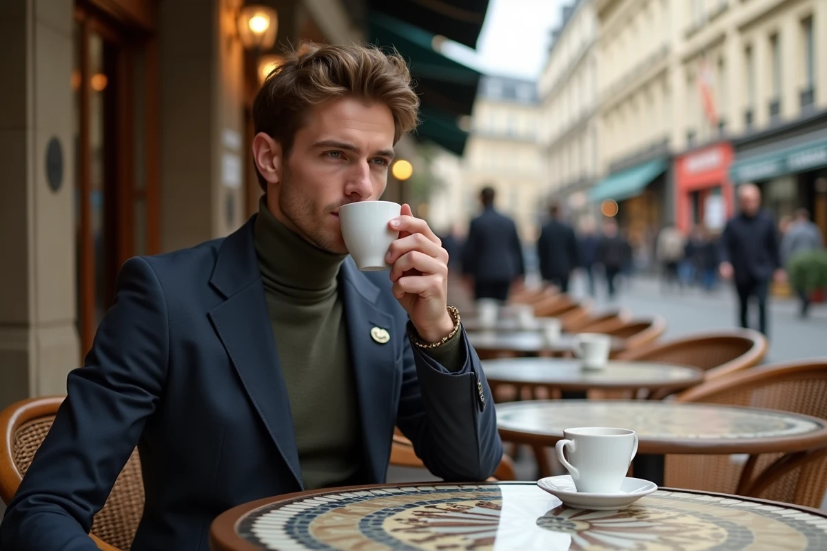 Homme parisien en blazer buvant un café en terrasse