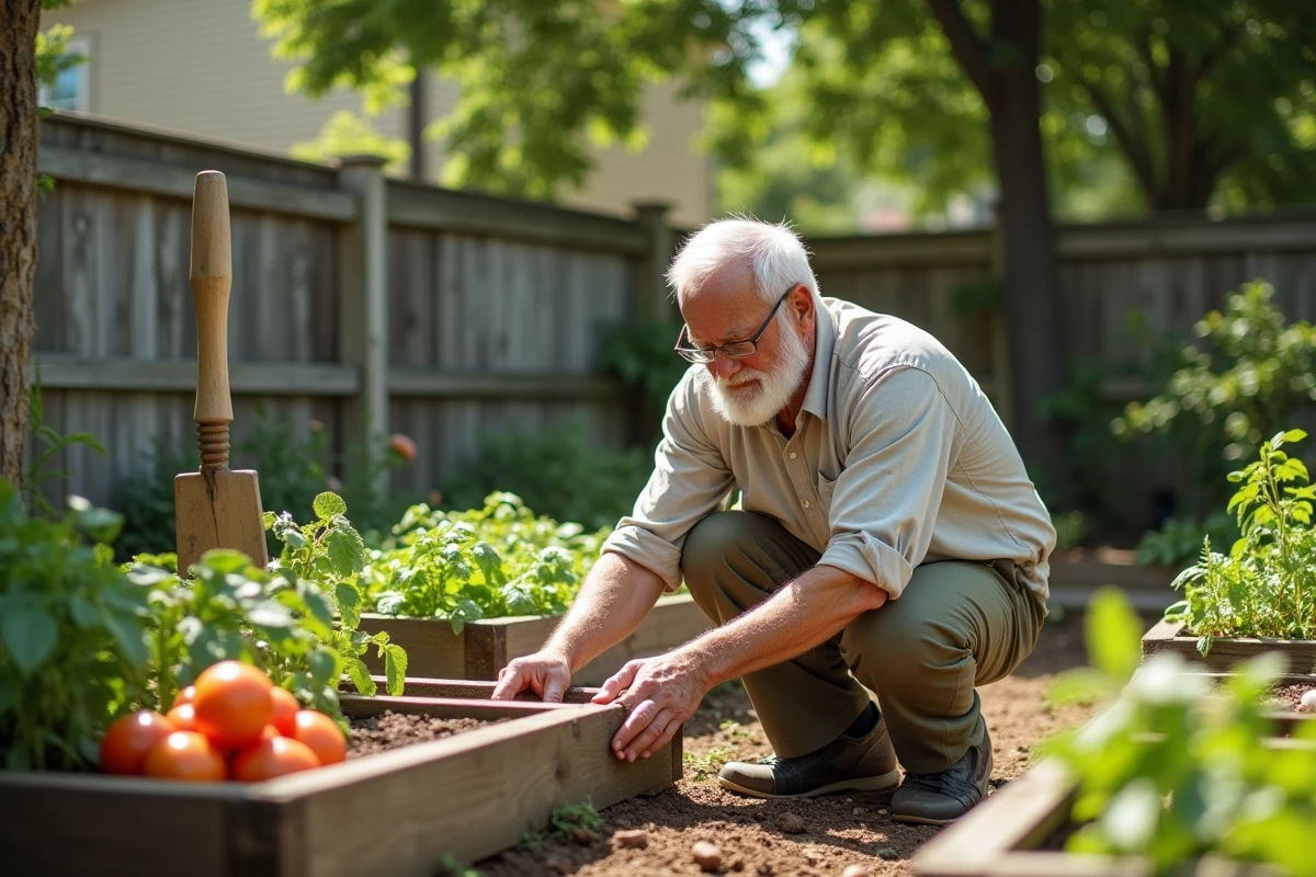 Un homme senior à la barbe blanche entretenant son potager dans un jardin, agenouillé près de plants de tomates