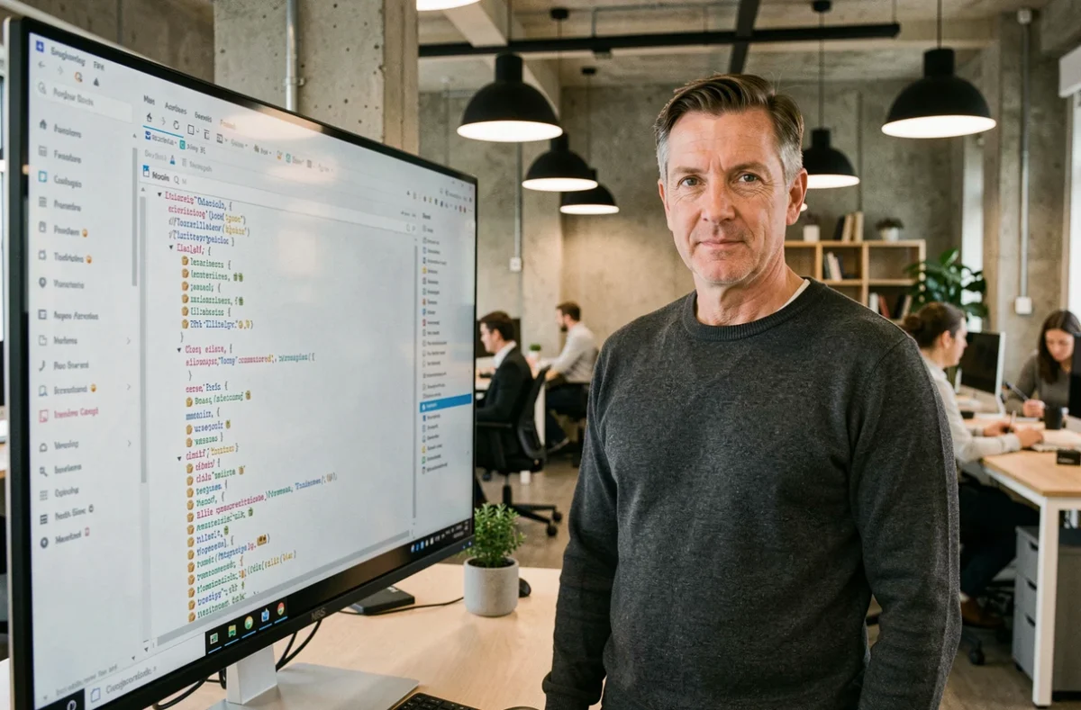 Homme debout devant un grand écran affichant une structure de sitemap XML dans un bureau moderne