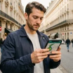 Homme consultant une carte de couverture 5G sur son smartphone dans une rue parisienne animée