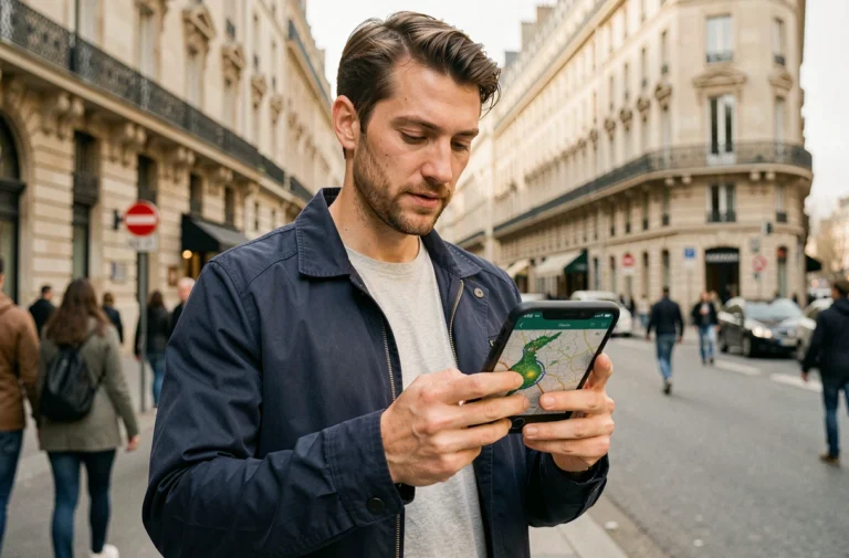 Homme consultant une carte de couverture 5G sur son smartphone dans une rue parisienne animée