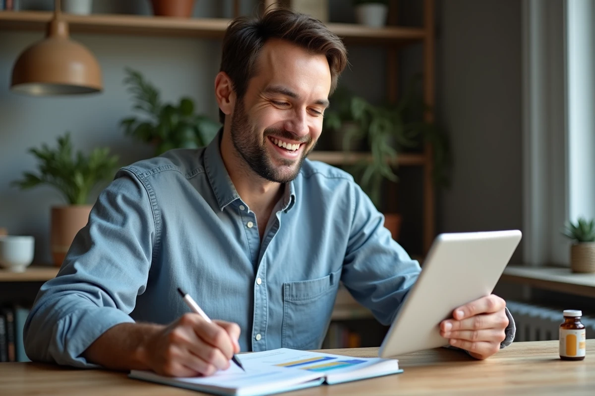 Homme consultant un journal de suivi minceur et une application nutritionnelle sur tablette à son bureau