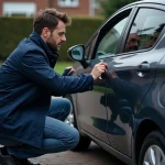 Homme en windbreaker près d'une voiture moderne en banlieue
