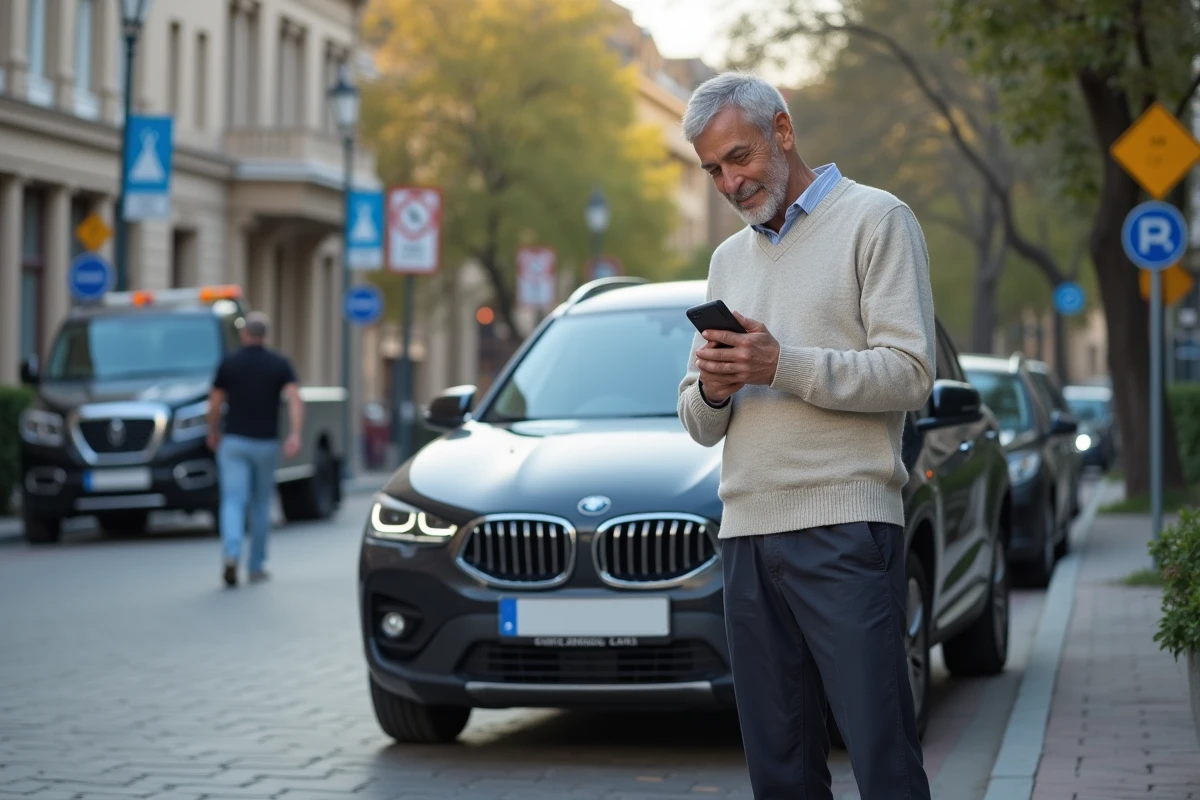Homme souriant avec smartphone devant sa voiture en ville