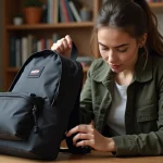 Femme inspectant les coutures et fermetures éclair d'un sac à dos Eastpak noir pour vérifier la garantie à vie