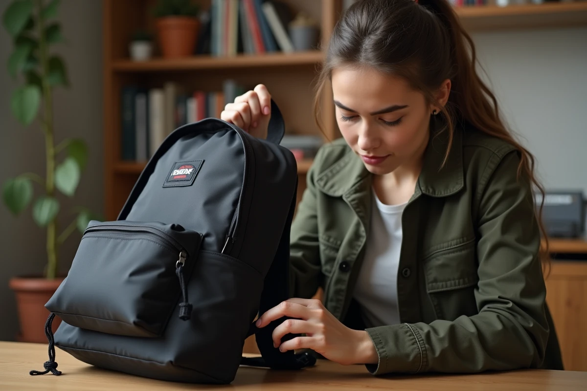 Femme inspectant les coutures et fermetures éclair d'un sac à dos Eastpak noir pour vérifier la garantie à vie