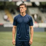 Portrait de jeune footballeur français en tenue d'entraînement sur un terrain de football naturel