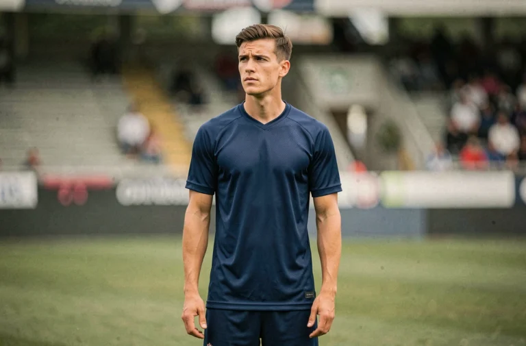 Portrait de jeune footballeur français en tenue d'entraînement sur un terrain de football naturel