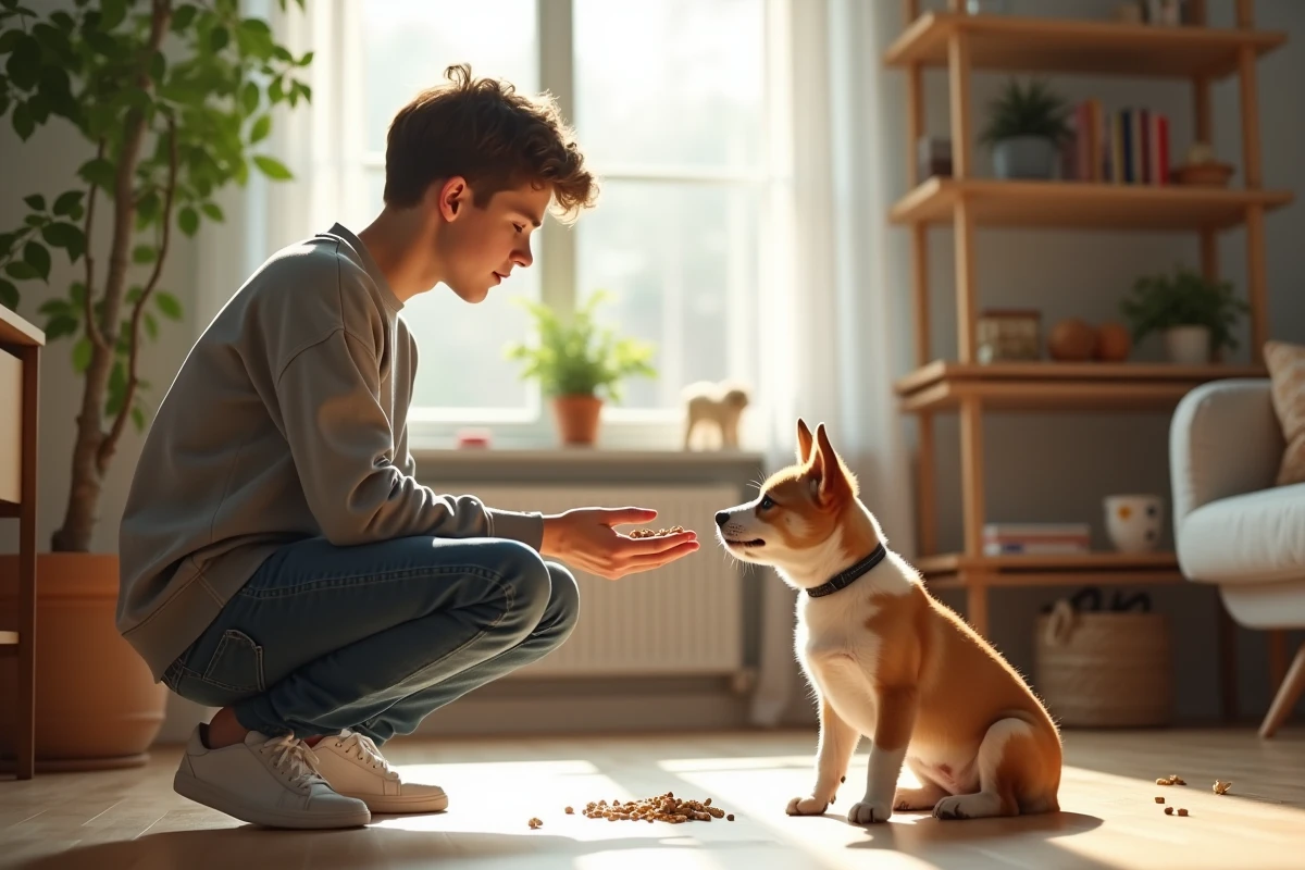 Jeune homme donnant des friandises à un chien et un chat
