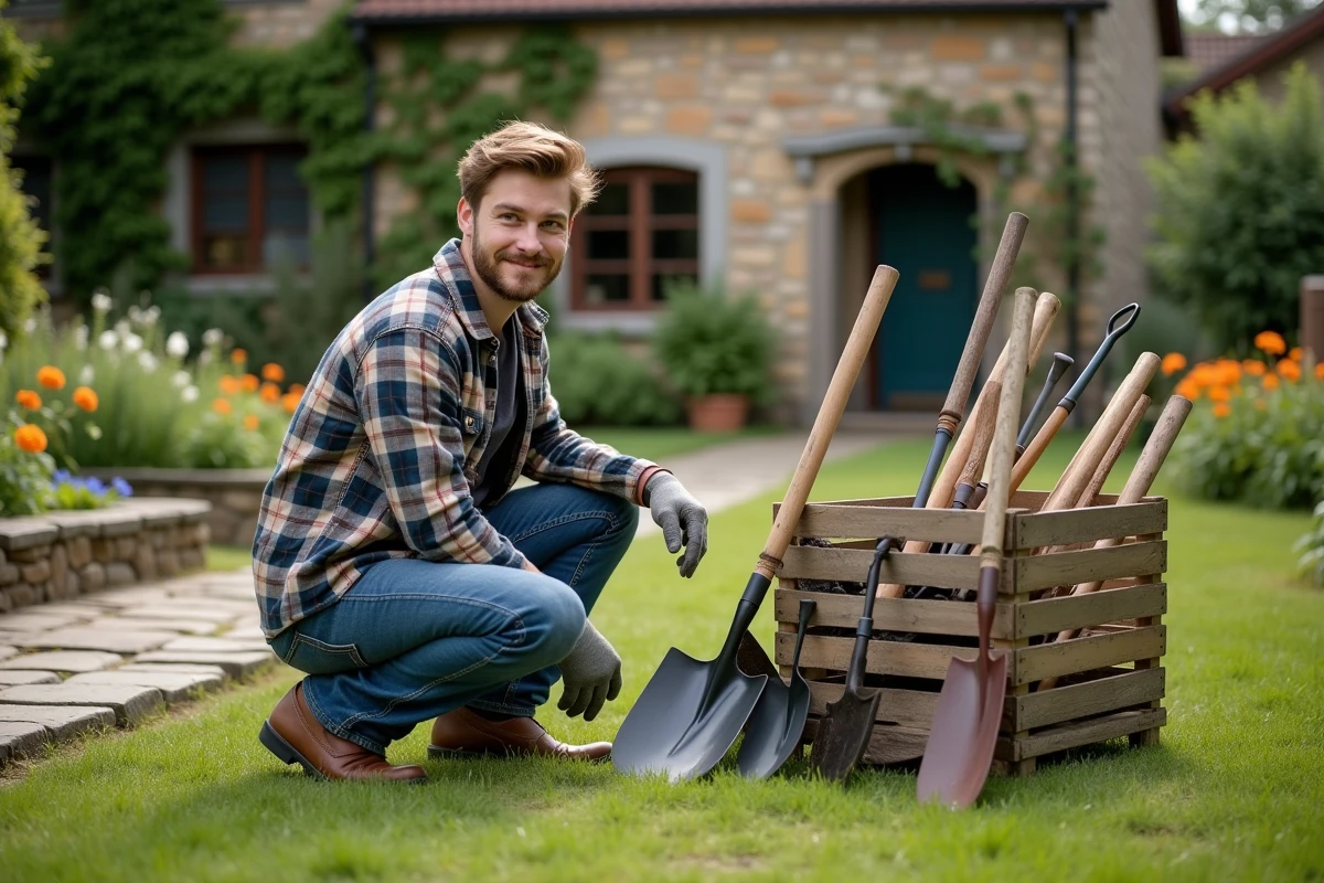 Jeune homme examine outils de jardinage sur pelouse