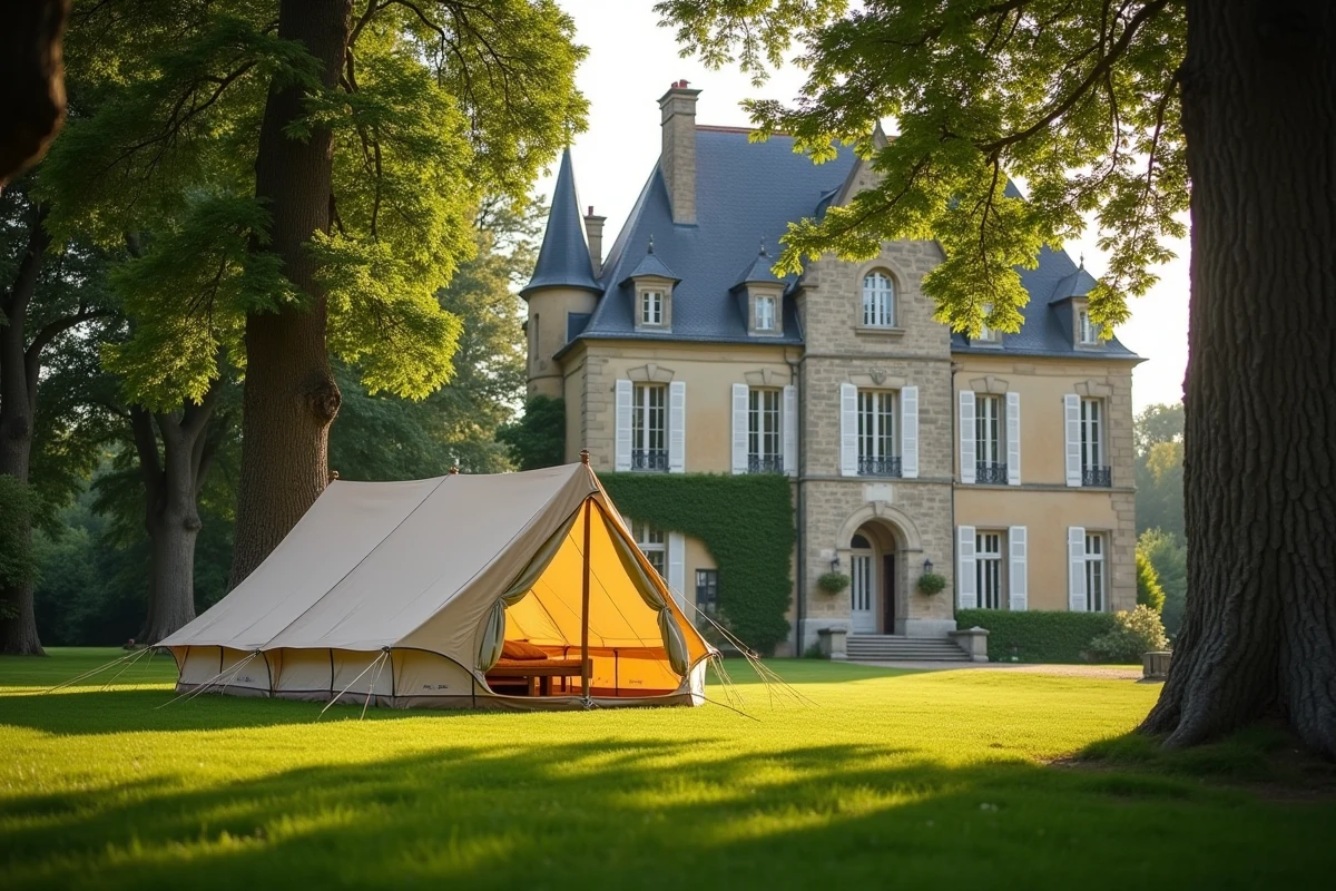 Camping de charme Les Castels installé dans le parc d'un domaine historique avec château en pierre