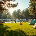 Vue panoramique d'un camping familial en France avec piscine, mobil-homes et arbres en été