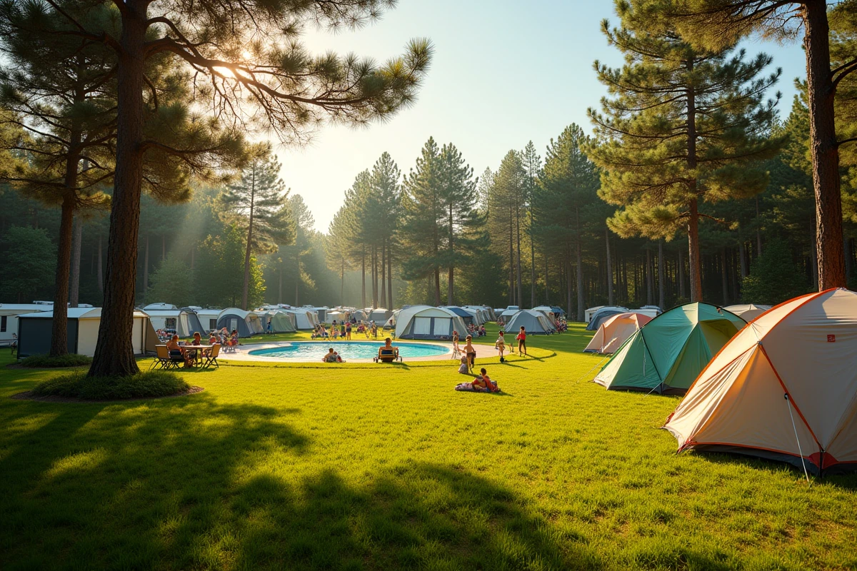 Vue panoramique d'un camping familial en France avec piscine, mobil-homes et arbres en été