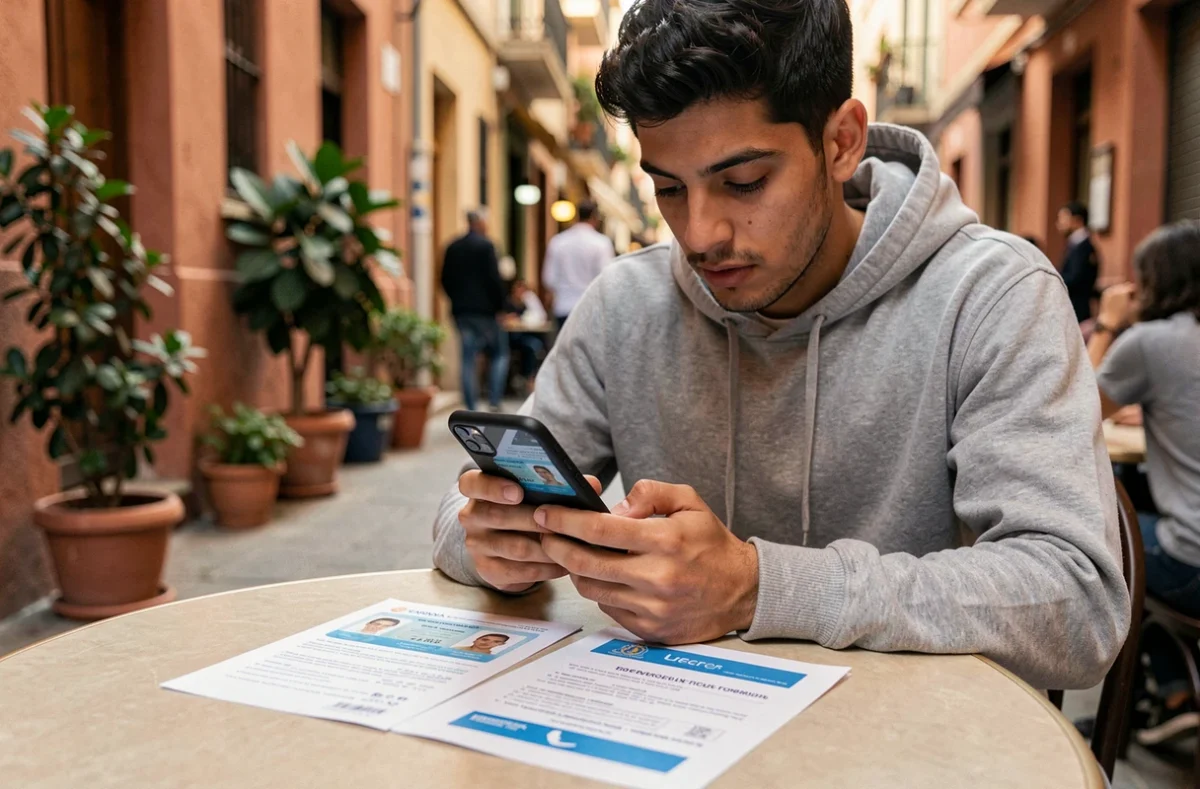 Jeune homme tunisien numérisant ses documents d'identité avec un smartphone pour une demande de renouvellement de passeport en ligne