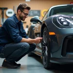 Passionné d'automobile inspectant une voiture de sport dans un garage privé bien équipé