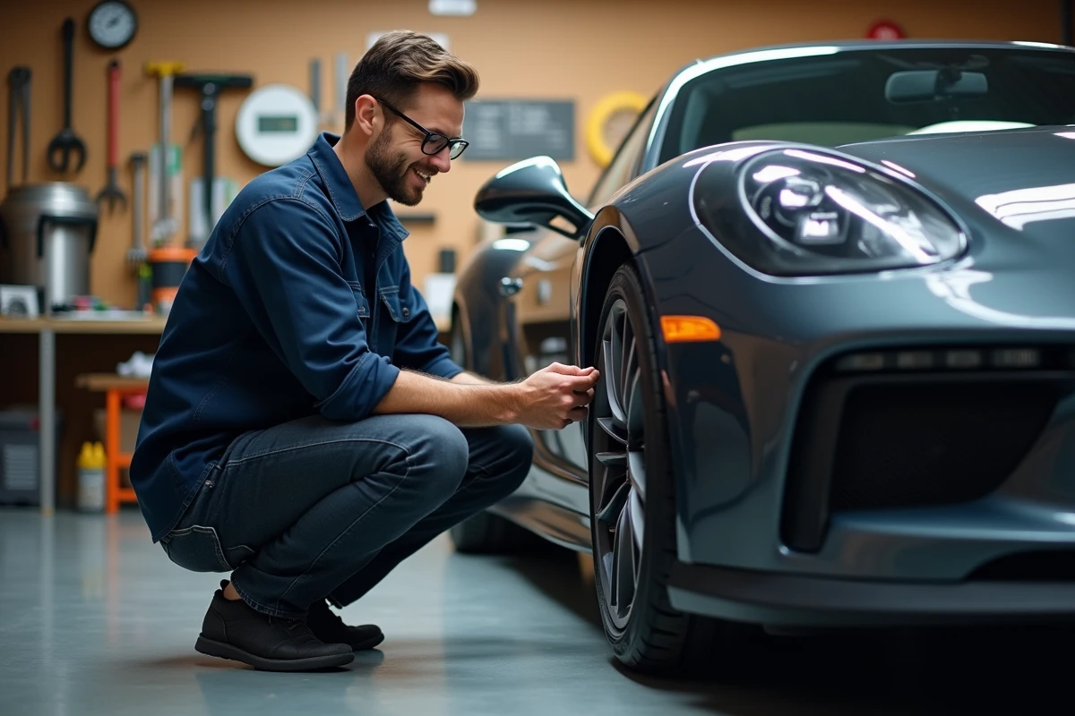 Passionné d'automobile inspectant une voiture de sport dans un garage privé bien équipé