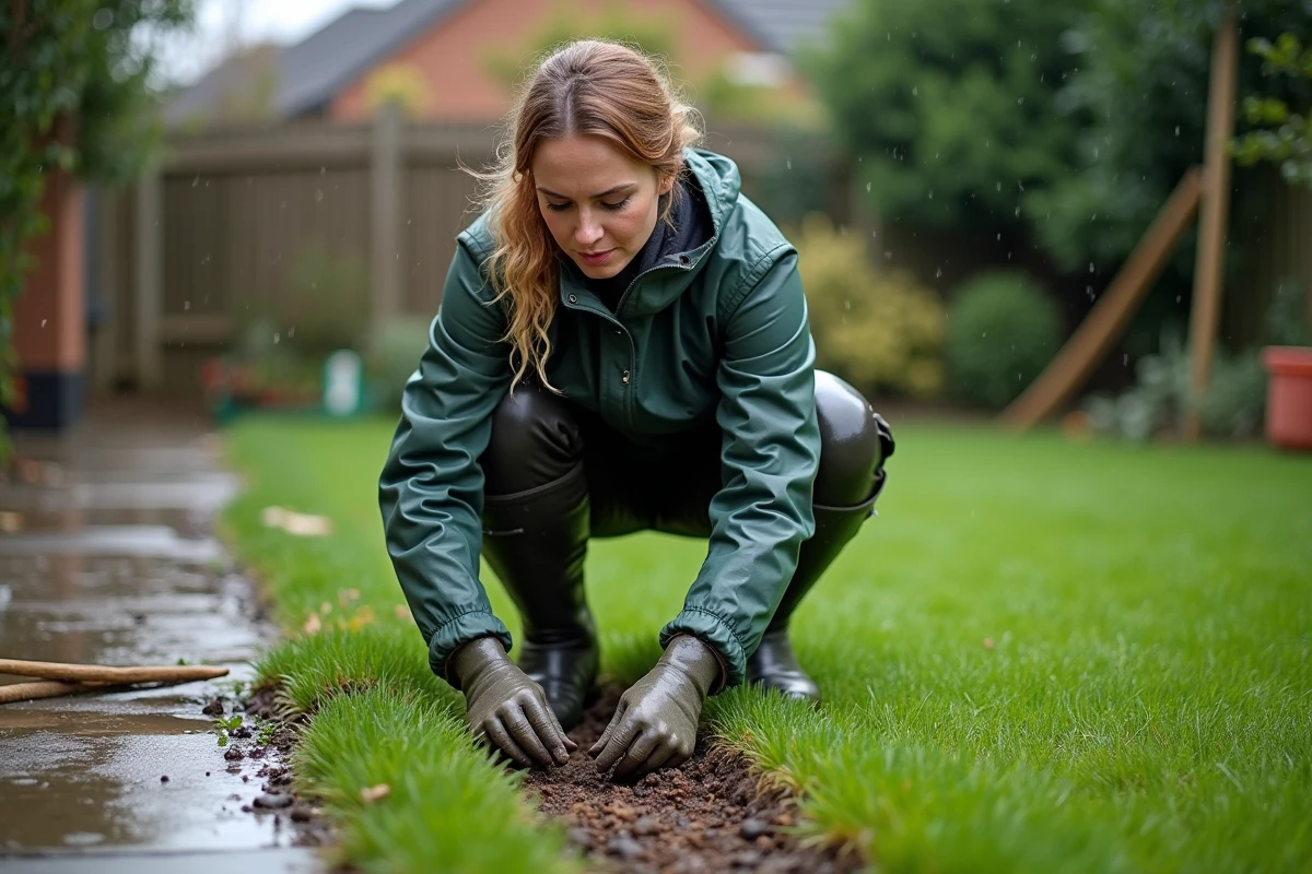 Femme inspectant une pelouse mouillée et détrempée après la pluie dans un jardin résidentiel